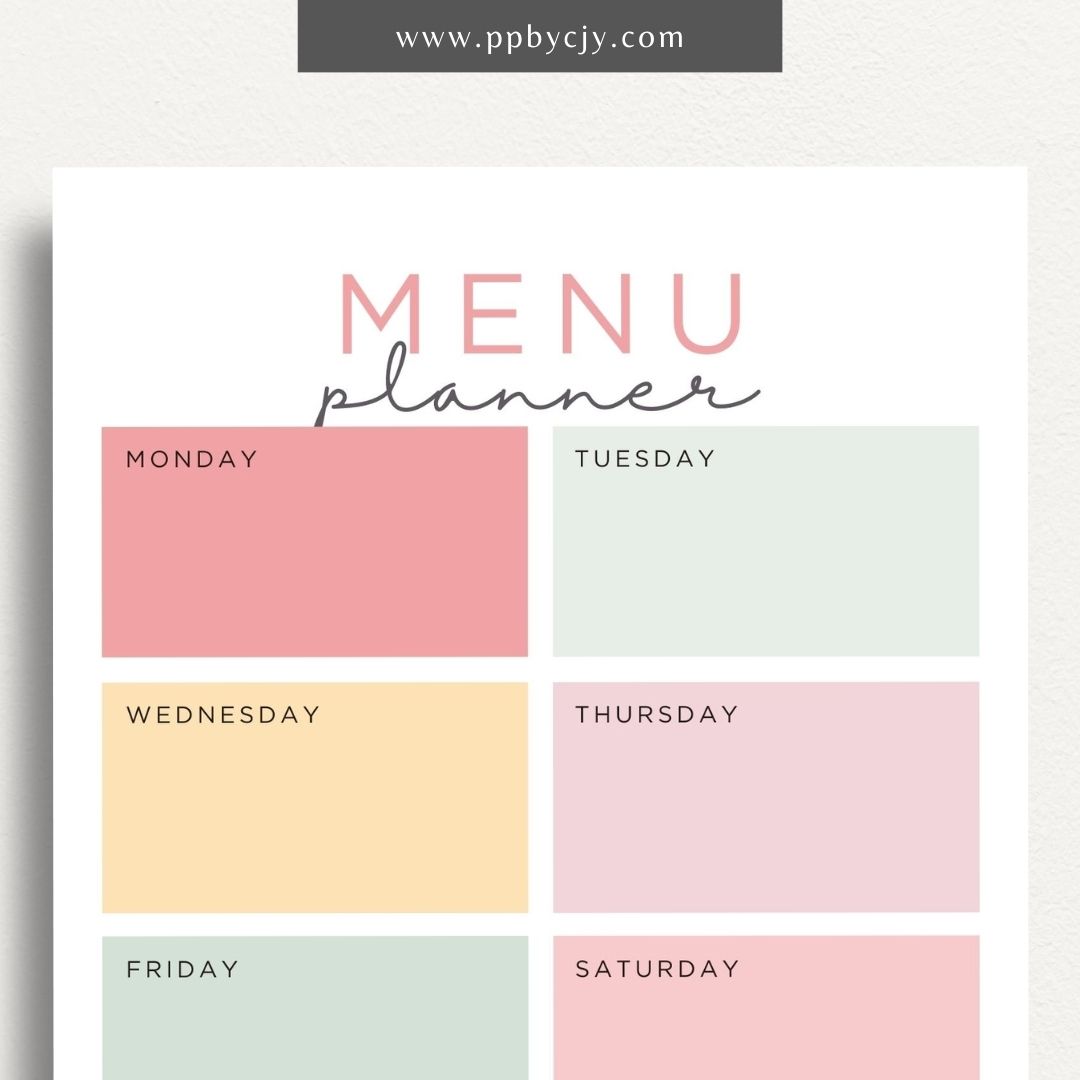 Weekly Meal Planner Printable Template – Digital download for organizing and planning meals for the week, including meal ideas, ingredients, and grocery lists