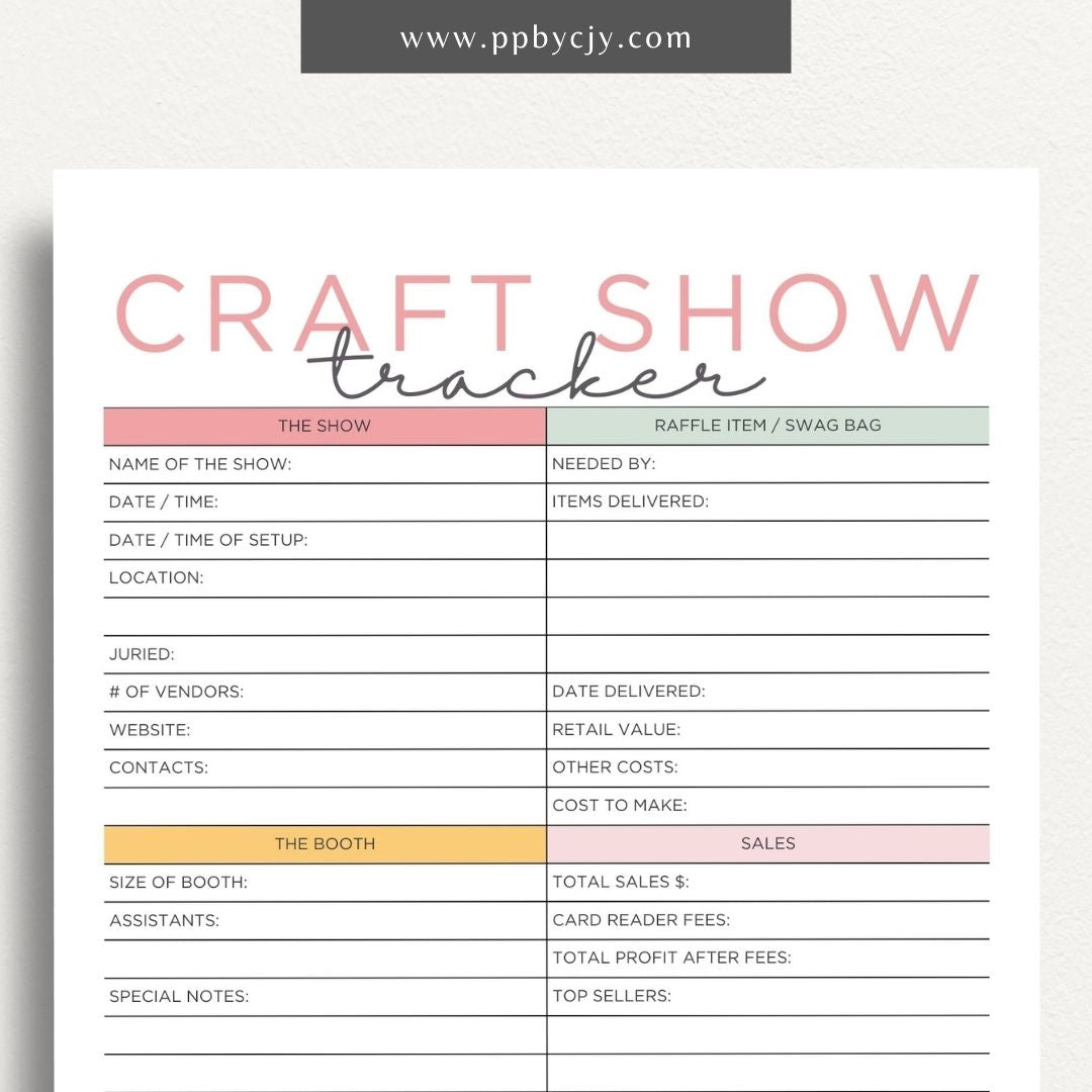 Craft Fair Tracker Printable Template – Digital Download for Organizing and Monitoring Craft Fair Details, Sales, and Inventory