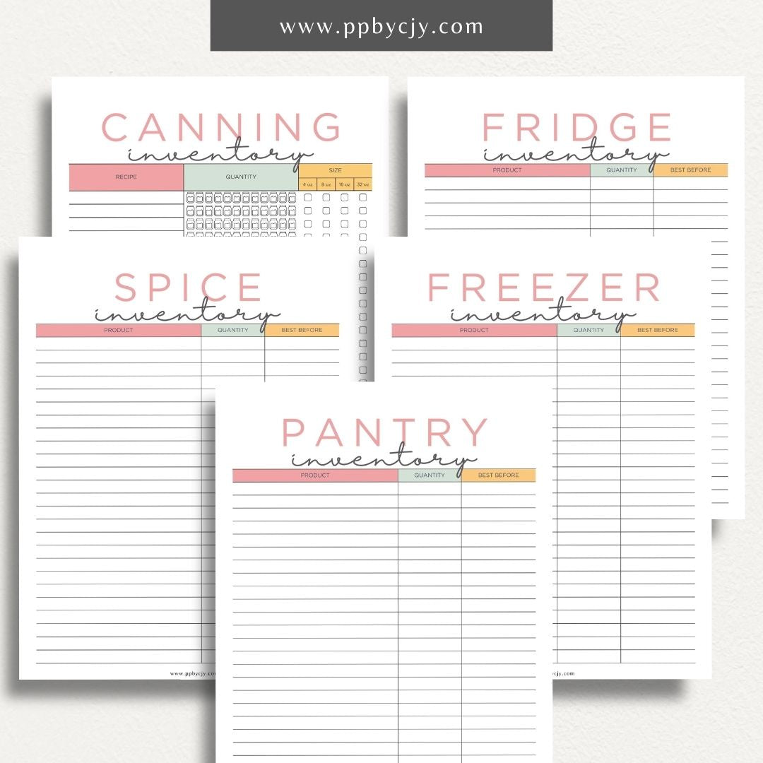 Kitchen Inventory Bundle Printable Template – Digital download featuring a collection of tools for organizing and managing your kitchen inventory, including pantry, refrigerator, and freezer.