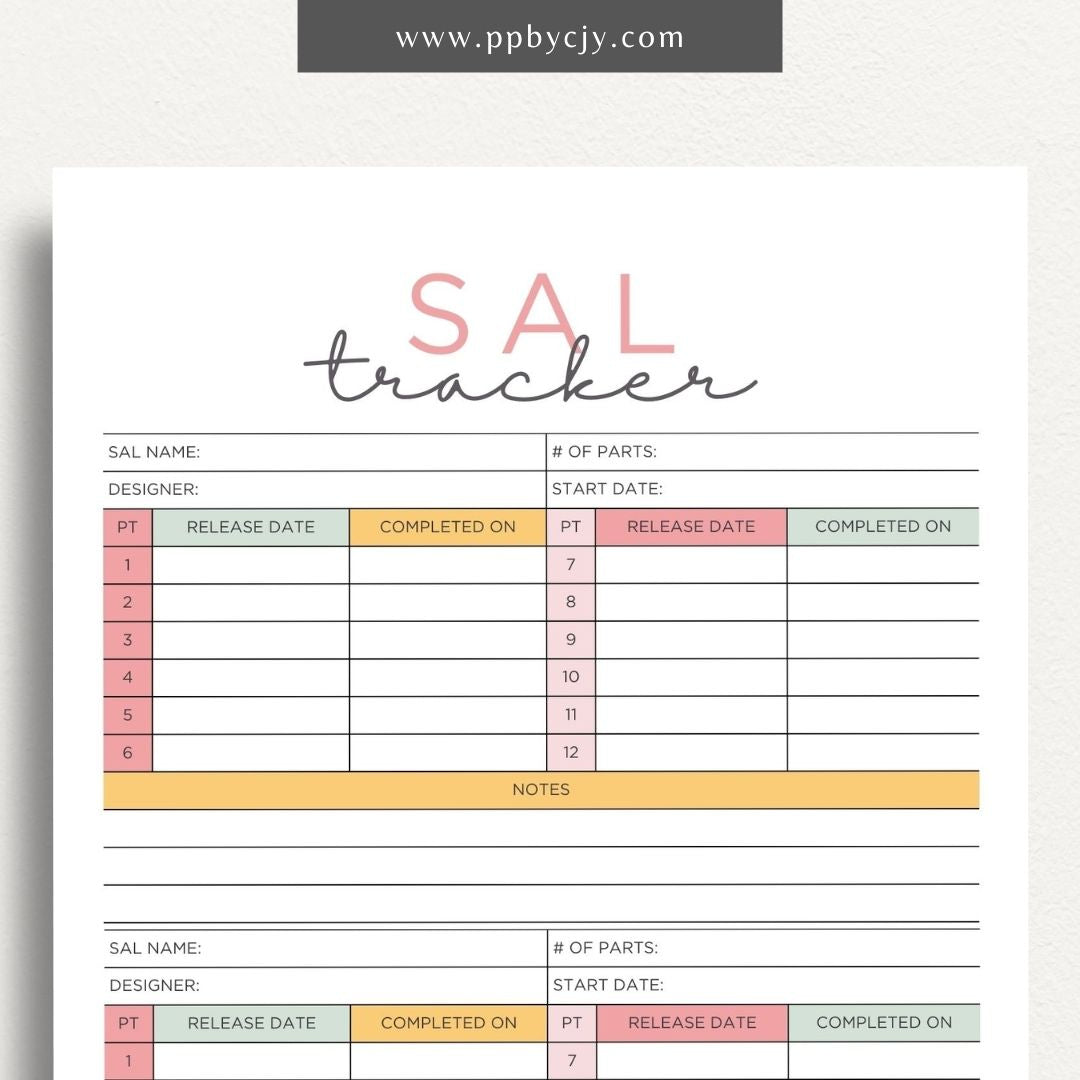 SAL Stitch-A-Long Tracker Printable Template – Digital download for organizing and tracking embroidery Stitch-A-Long projects, schedules, and progress