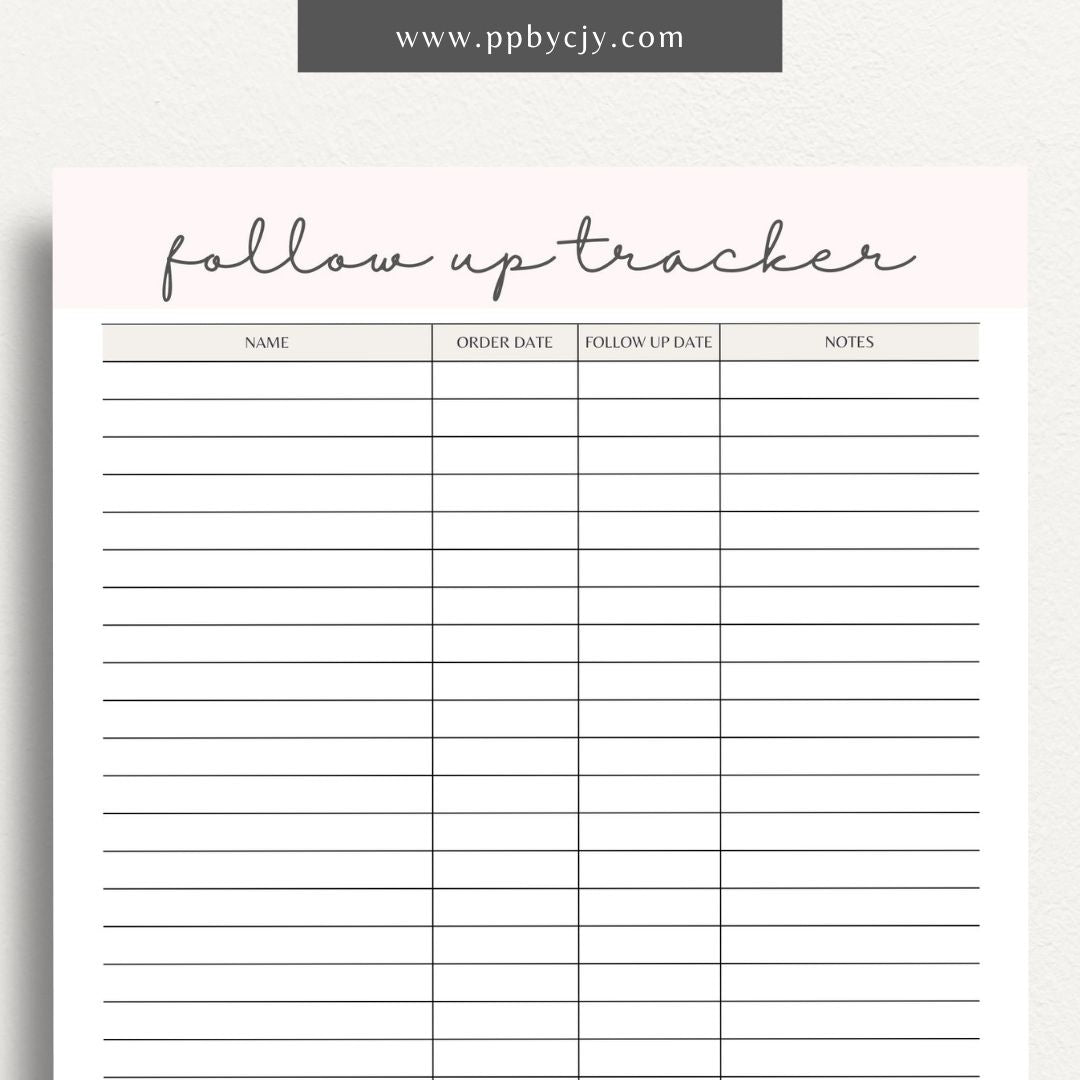 Follow-Up Tracker Printable Template – Digital download for managing and monitoring follow-up tasks and deadlines.