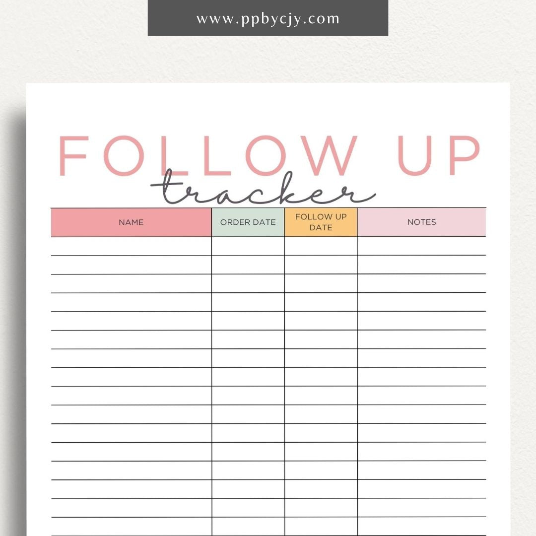 Follow-Up Tracker Printable Template – Digital download for managing and monitoring follow-up tasks and deadlines.