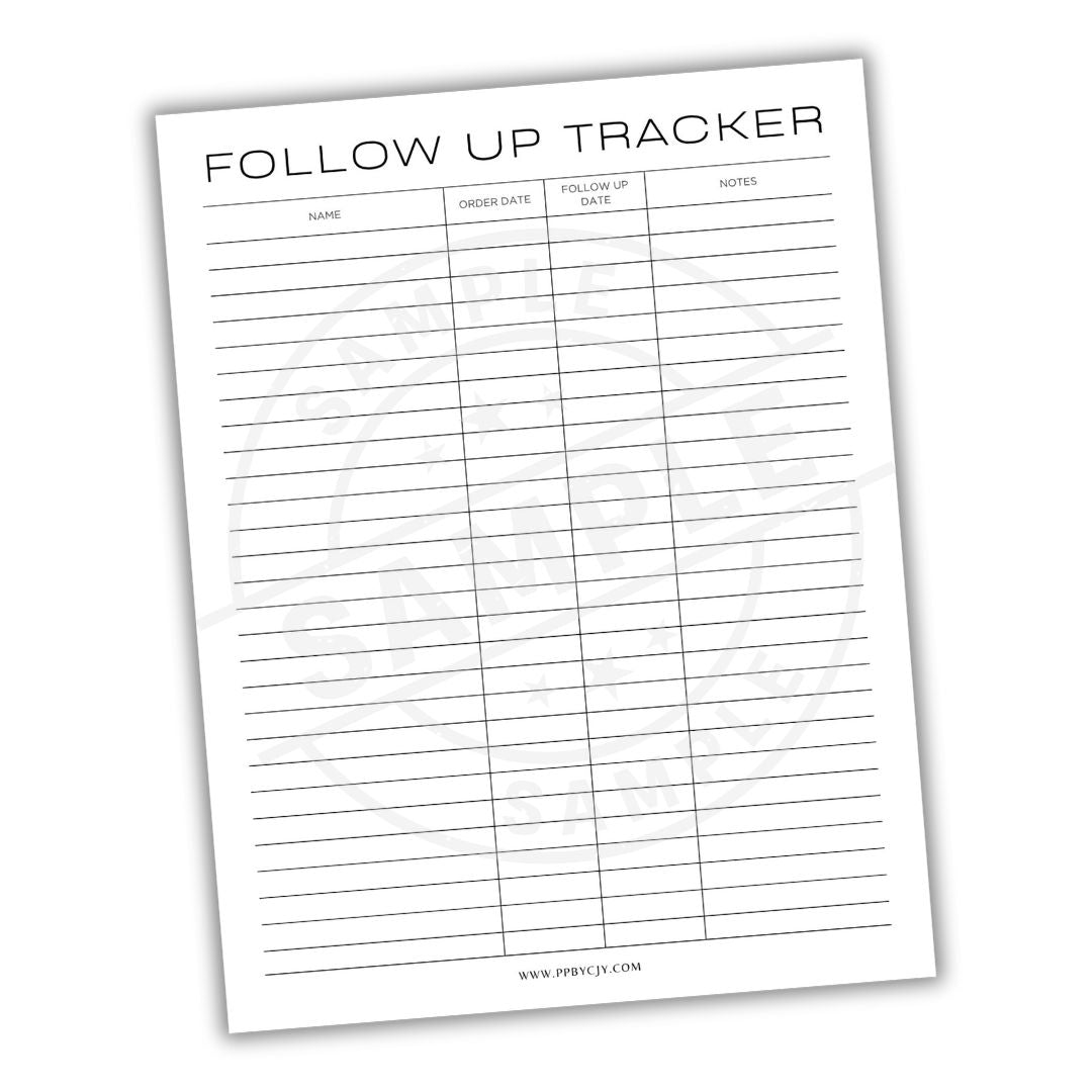 Follow up tracker sheet with columns for name, order date, follow-up date, and notes on a white background.