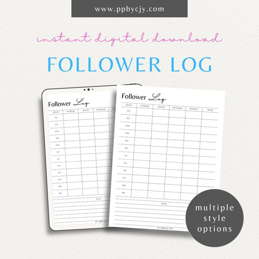 Social Media Follower Log Printable Template – Digital download for tracking and managing follower counts, engagement metrics, and growth trends on social media platforms