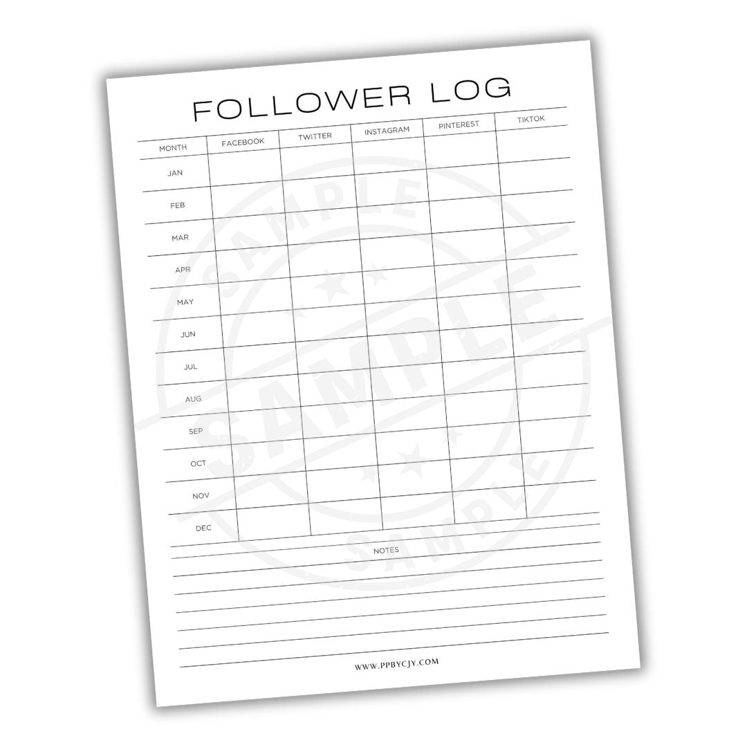 Follower log sheet with months and social media platforms on a white background