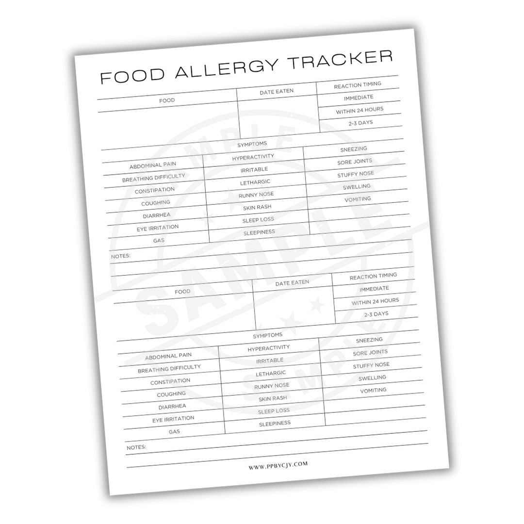 Food allergy tracker sheet on a white background