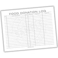 Food donation log sheet with columns for date, food items donated, quantity, condition, organization, and person who picked up.