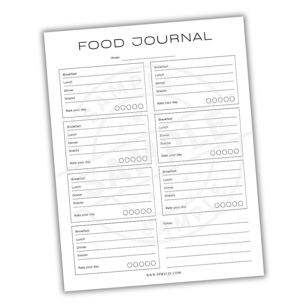 Food journal with daily food intake and rating sections on a white background