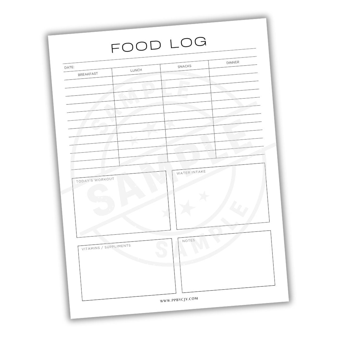 Blank food log sheet with columns for meals and notes on a white background