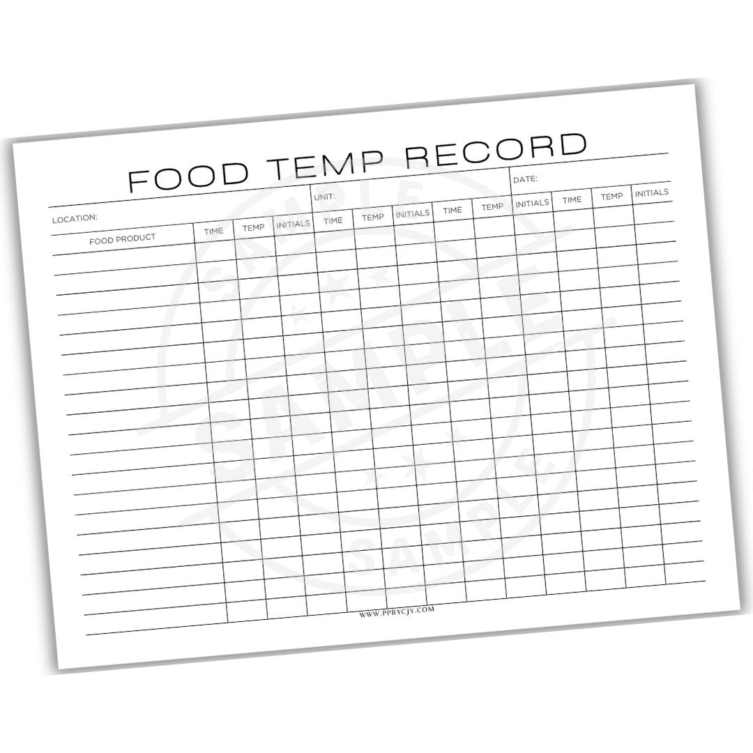 Blank food temperature record sheet with columns for location, food product, time, and temperature.