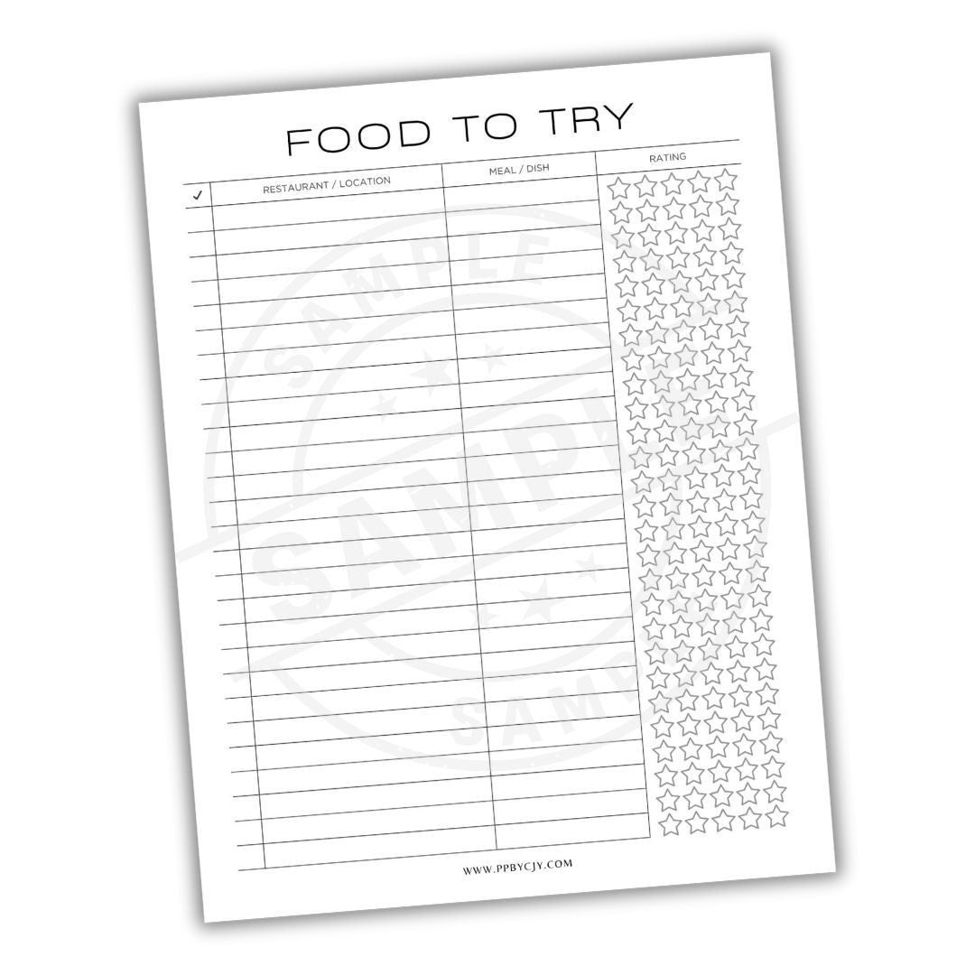 Sheet of paper with a 'Food to Try' checklist and star rating system on a white background.