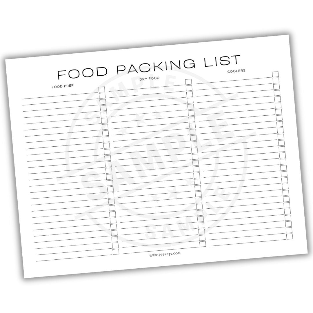 Food packing list sheet with columns for food prep, dry foods, and coolers on a white background.