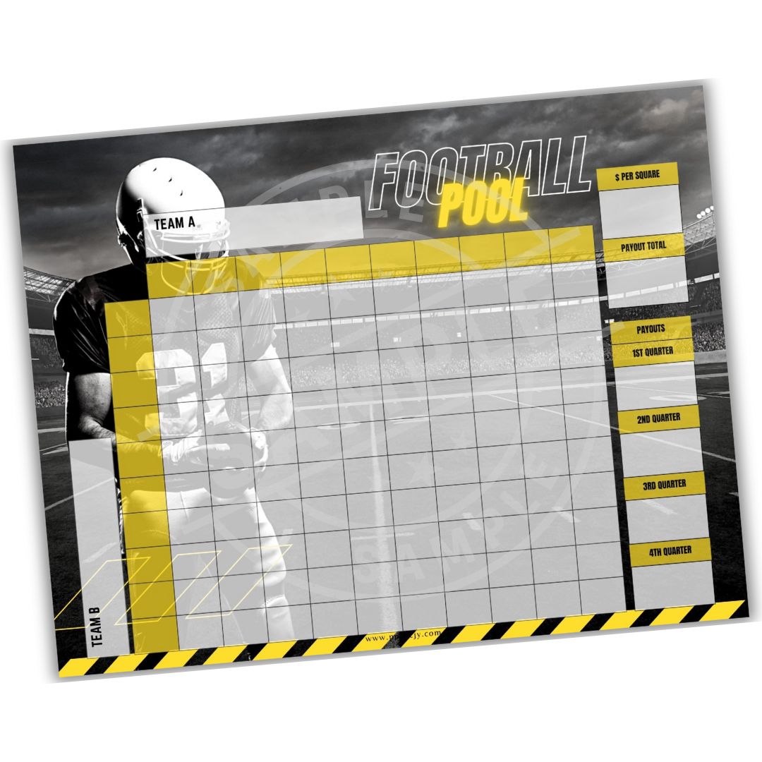 Football pool chart with grid for scoring, featuring a football player in the background.