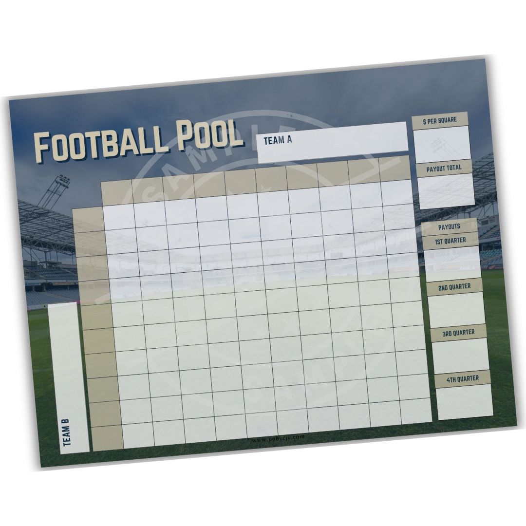 Football pool sheet with grid layout on a sports-themed background
