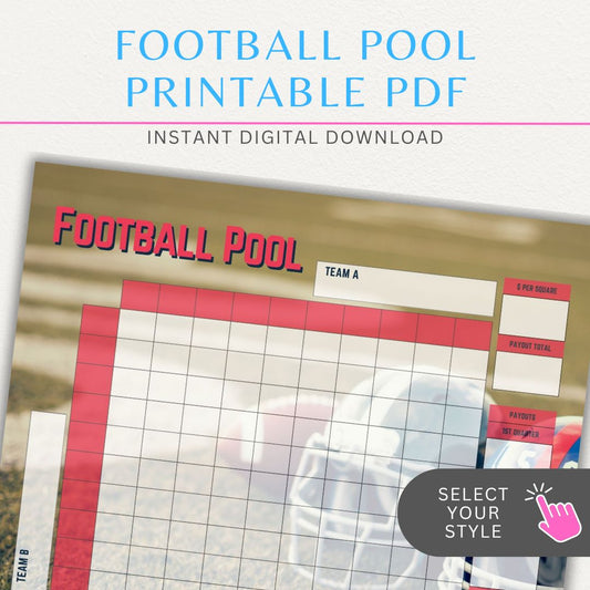 Football Pool Printable PDF Template for tracking game scores and wagers at parties and events.

