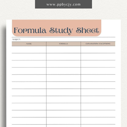 Formula Study Sheet Printable Template – Digital download for organizing and studying key formulas and equations.