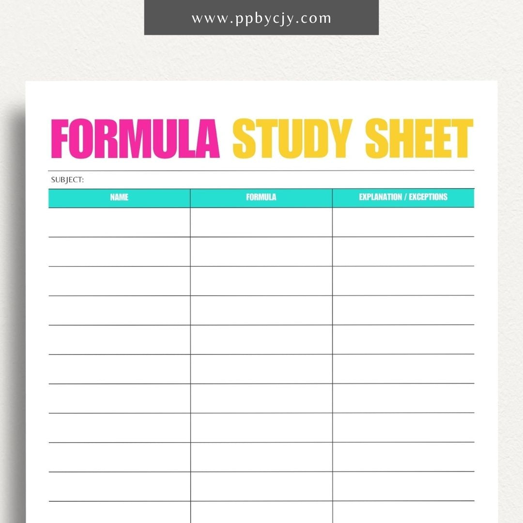 Formula Study Sheet Printable Template – Digital download for organizing and studying key formulas and equations.