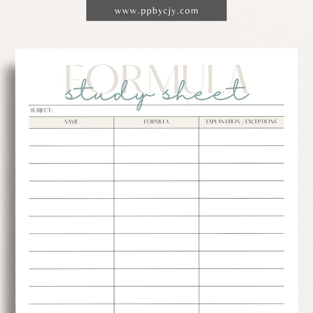 Formula Study Sheet Printable Template – Digital download for organizing and studying key formulas and equations.