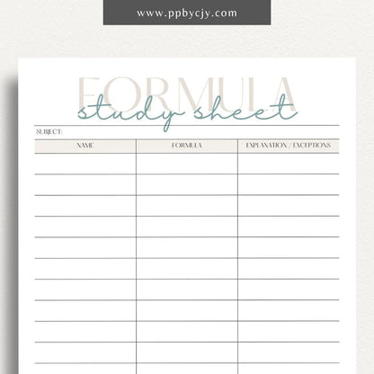 Formula Study Sheet Printable Template – Digital download for organizing and studying key formulas and equations.