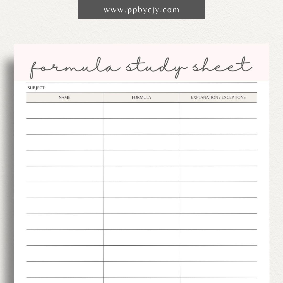 Formula Study Sheet Printable Template – Digital download for organizing and studying key formulas and equations.