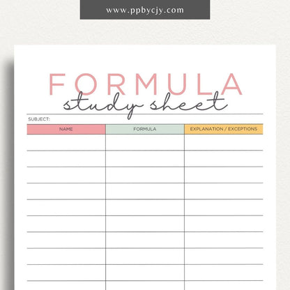 Formula Study Sheet Printable Template – Digital download for organizing and studying key formulas and equations.