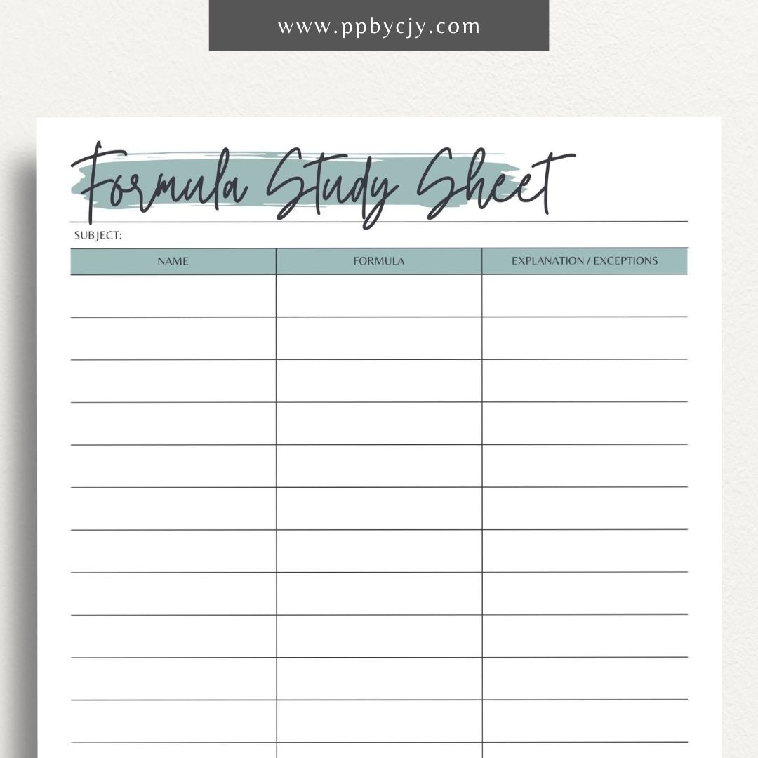 Formula Study Sheet Printable Template – Digital download for organizing and studying key formulas and equations.