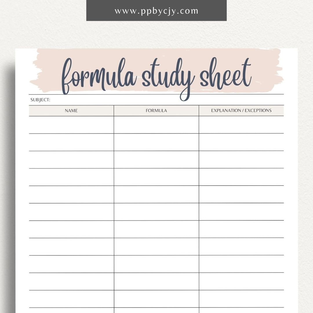 Formula Study Sheet Printable Template – Digital download for organizing and studying key formulas and equations.