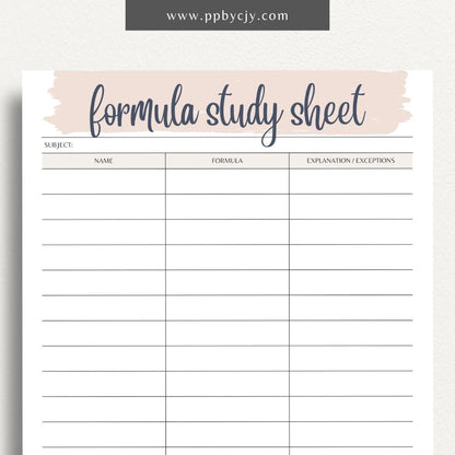 Formula Study Sheet Printable Template – Digital download for organizing and studying key formulas and equations.