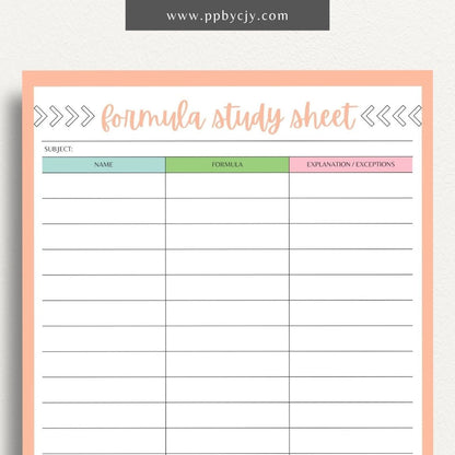 Formula Study Sheet Printable Template – Digital download for organizing and studying key formulas and equations.