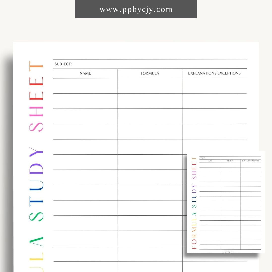 Formula Study Sheet Printable Template – Digital download for organizing and studying key formulas and equations.