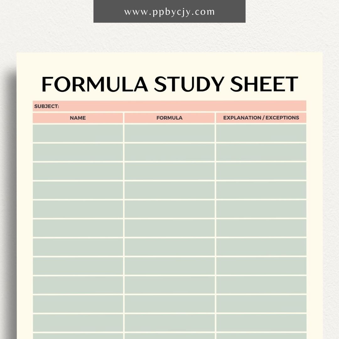 Formula Study Sheet Printable Template – Digital download for organizing and studying key formulas and equations.