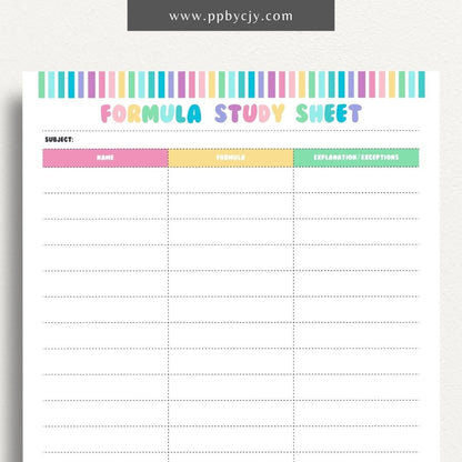 Formula Study Sheet Printable Template – Digital download for organizing and studying key formulas and equations.