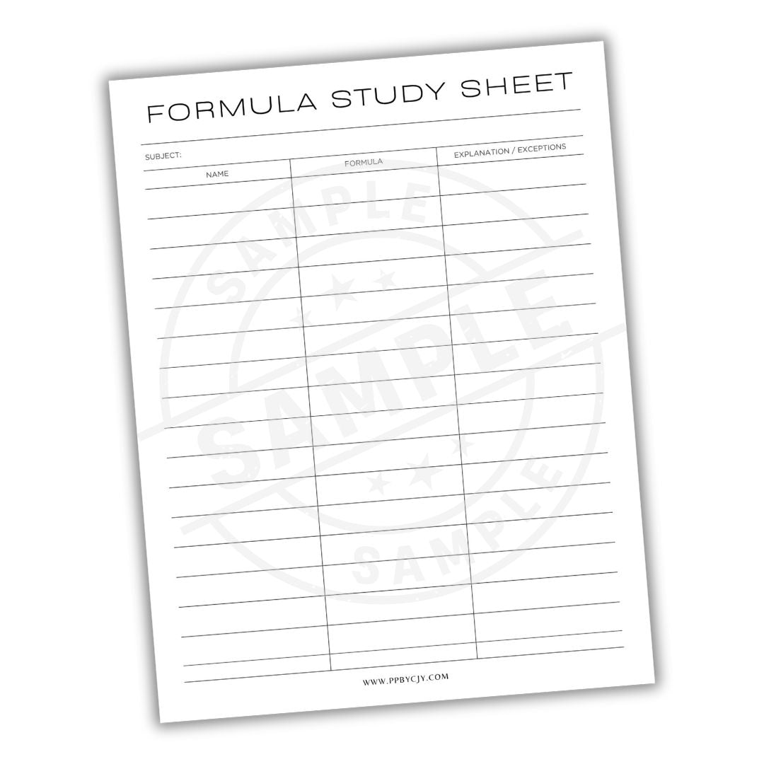 Formula study sheet with columns for subject, formula, explanation, and exceptions on a white background.