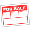 Red 'For Sale' sign with fields for price, model, and year on a white background
