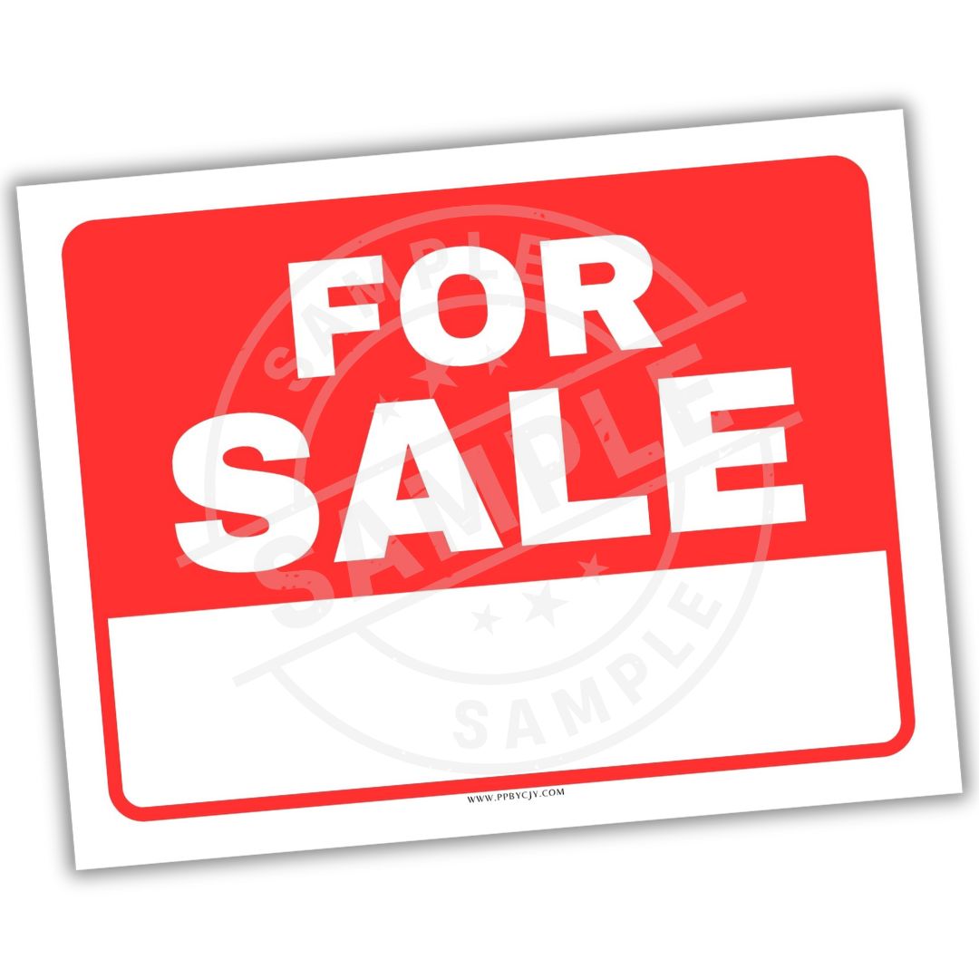 Red 'For Sale' sign with white text on a white background