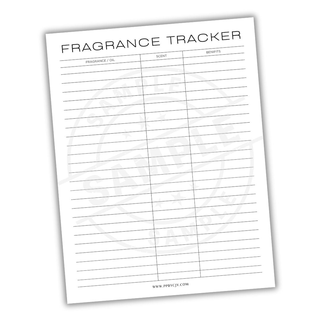 Fragrance tracker sheet with columns for fragrance name, scent, and benefits on a white background.