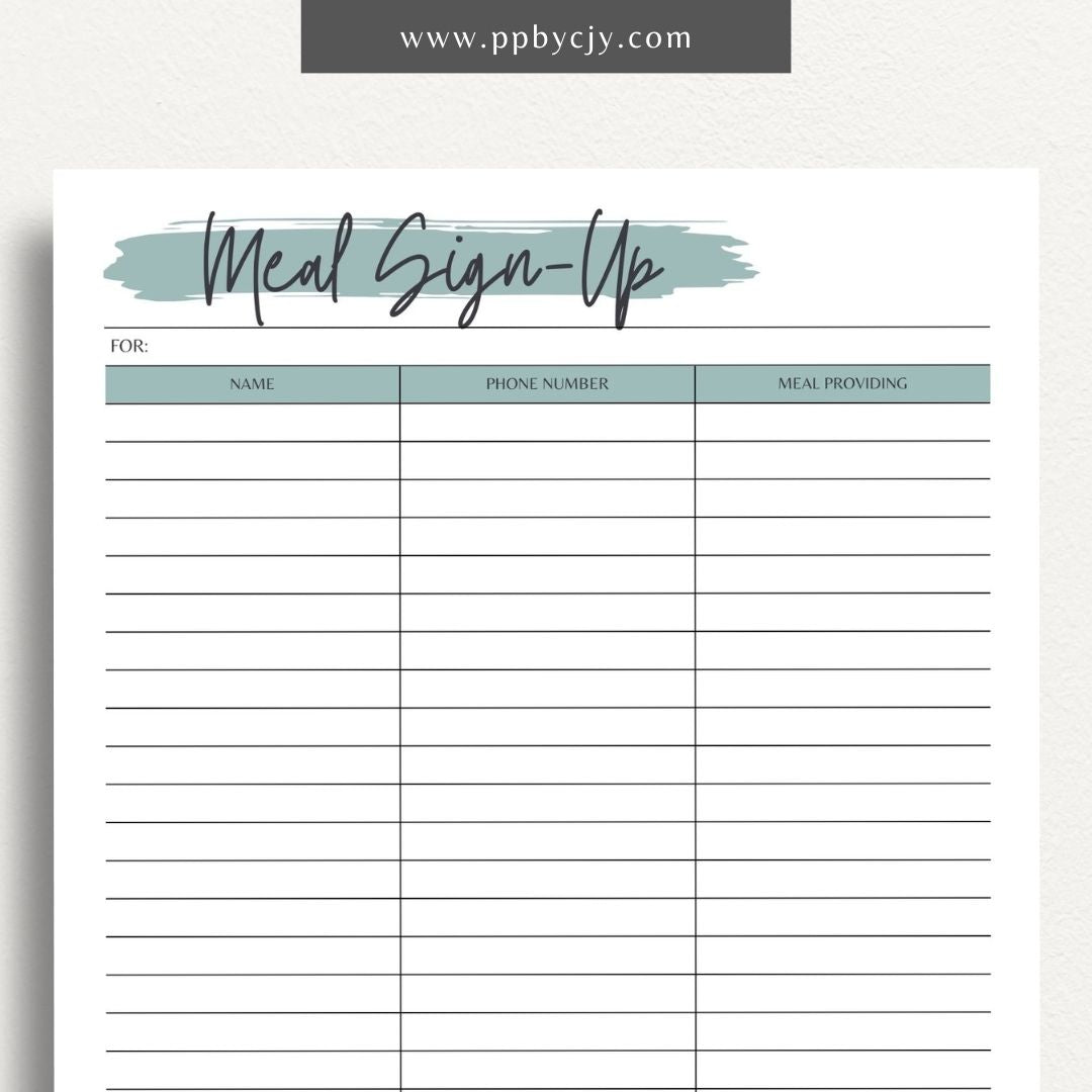 Meal Train Sign-Up Printable Template – Digital download for organizing and coordinating meal deliveries for someone in need.