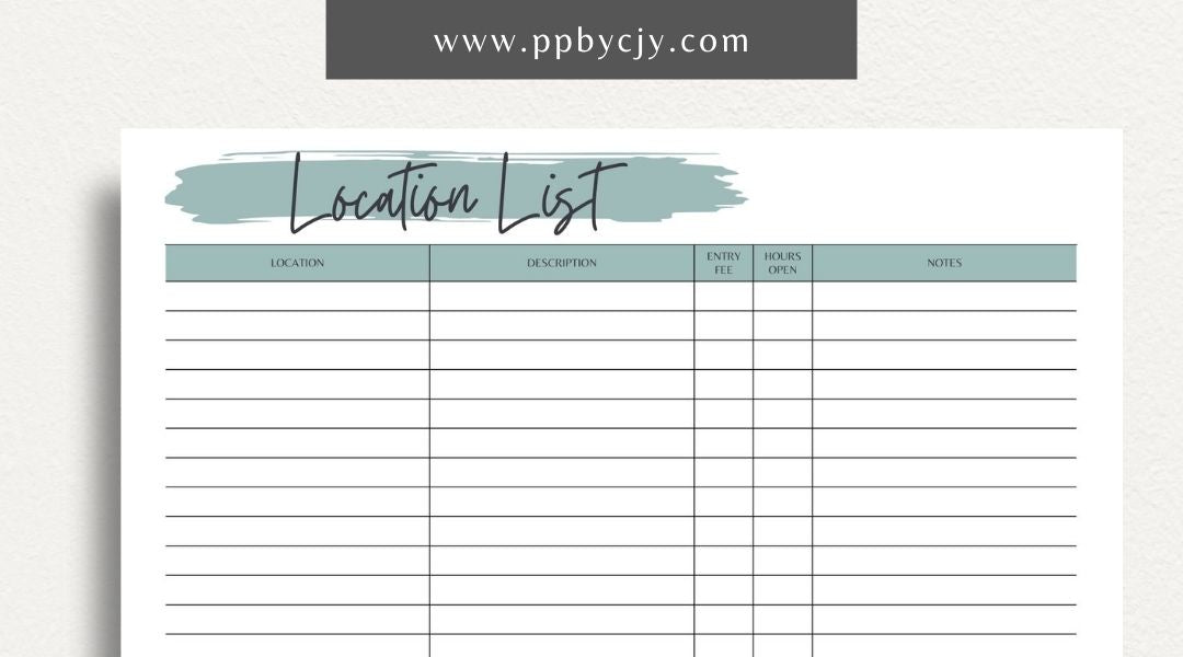 Photography Location List Printable Template – Digital download for organizing and tracking photography spots, photoshoot planning, and location details