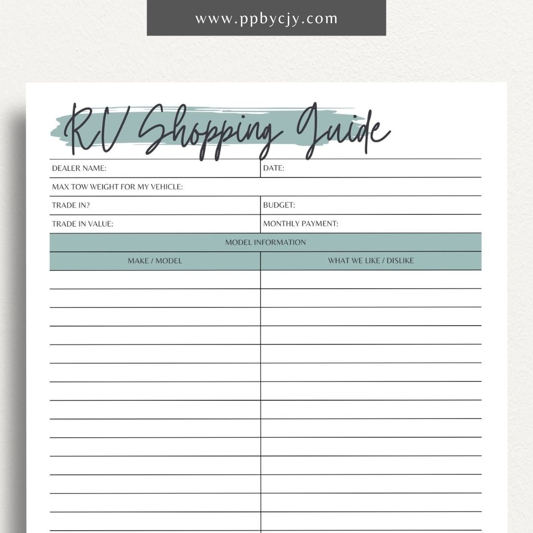 RV Shopping Guide Printable Template – Digital download for planning and organizing your RV purchase or upgrade, including features, checklists, and comparisons