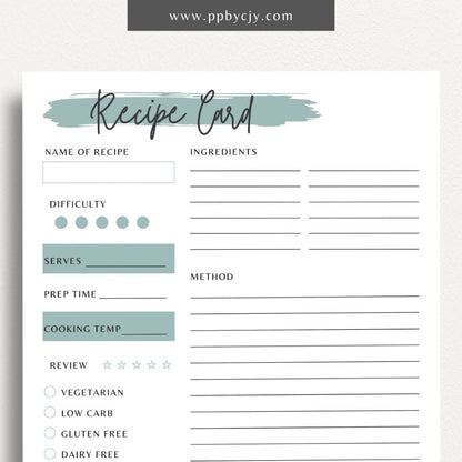 Recipe Card Printable Template – Digital download for organizing and documenting your favorite recipes and cooking instructions