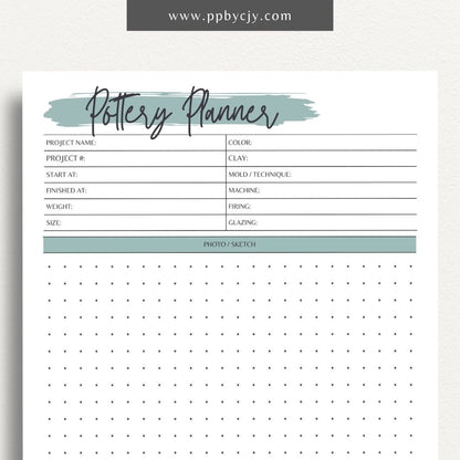 Pottery Planner Printable Template – Digital download for organizing ceramic projects, including design planning, material tracking, and firing schedules