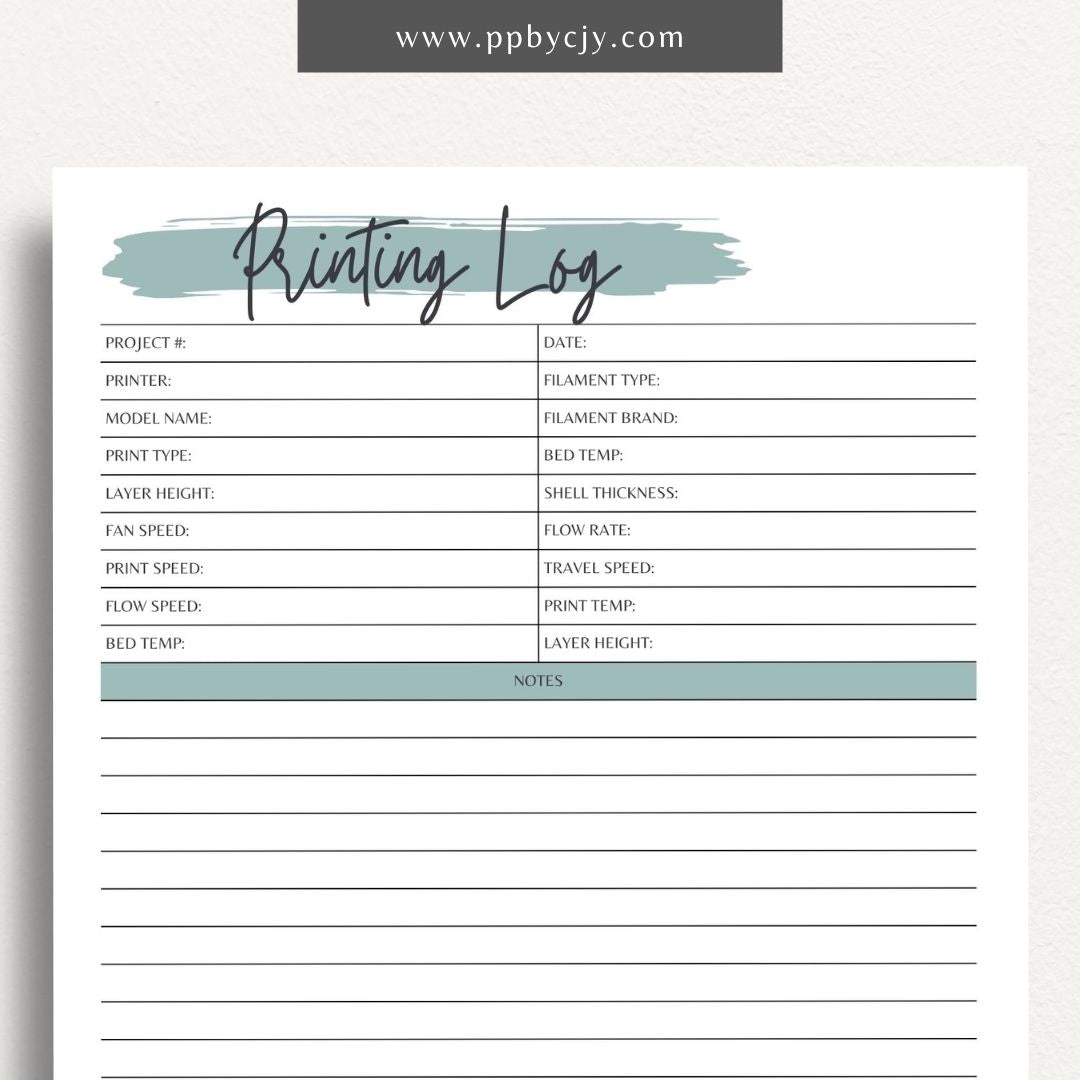 3D Printing Log Printable Template – Digital download for tracking and organizing 3D print jobs, settings, and project details