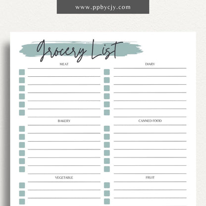 Food Grocery List Printable Template – Digital download for organizing and planning your grocery shopping.