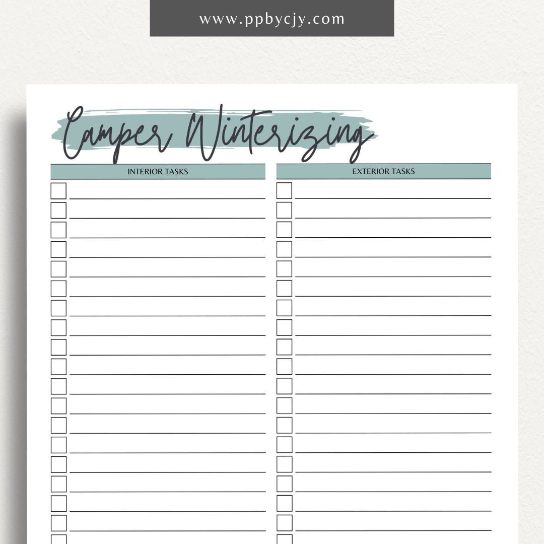 Camper Winterizing Sheet Printable Template – Digital Download for Organizing and Tracking Winterizing Tasks for Campers