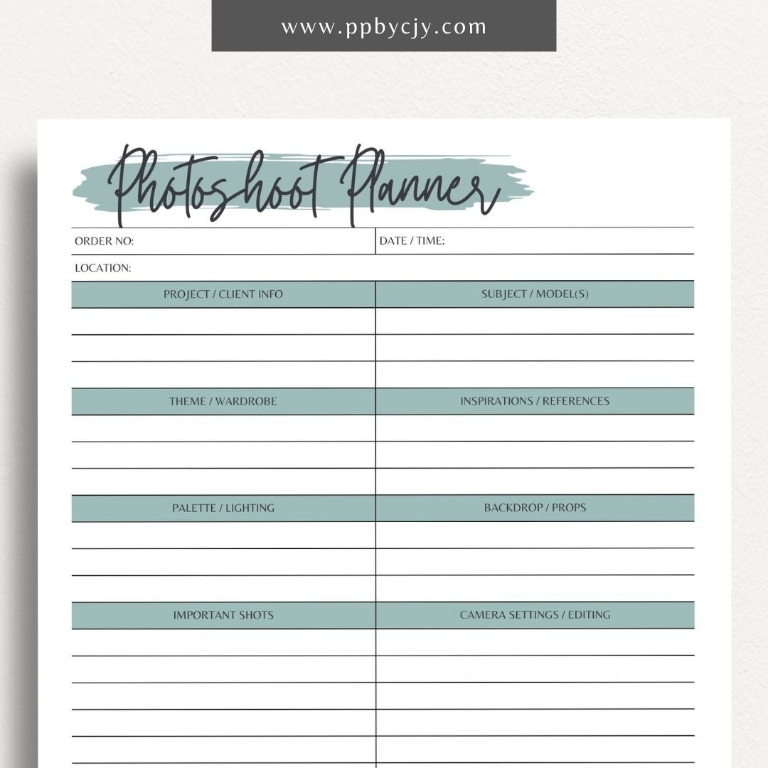 Photoshoot Planner Printable Template – Digital download for organizing and planning photography sessions, shot lists, schedules, and equipment"