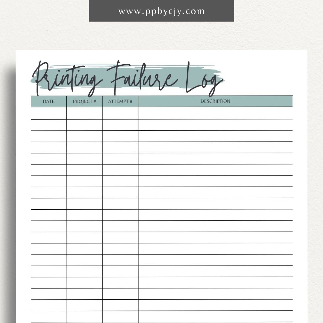 3D Printer Failure Log Printable Template – Digital download for documenting and tracking 3D printer errors, troubleshooting steps, and failure incidents