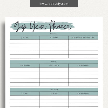 Gap Year Planner Printable Template – Digital download for organizing travel, setting goals, and tracking experiences during your gap year.