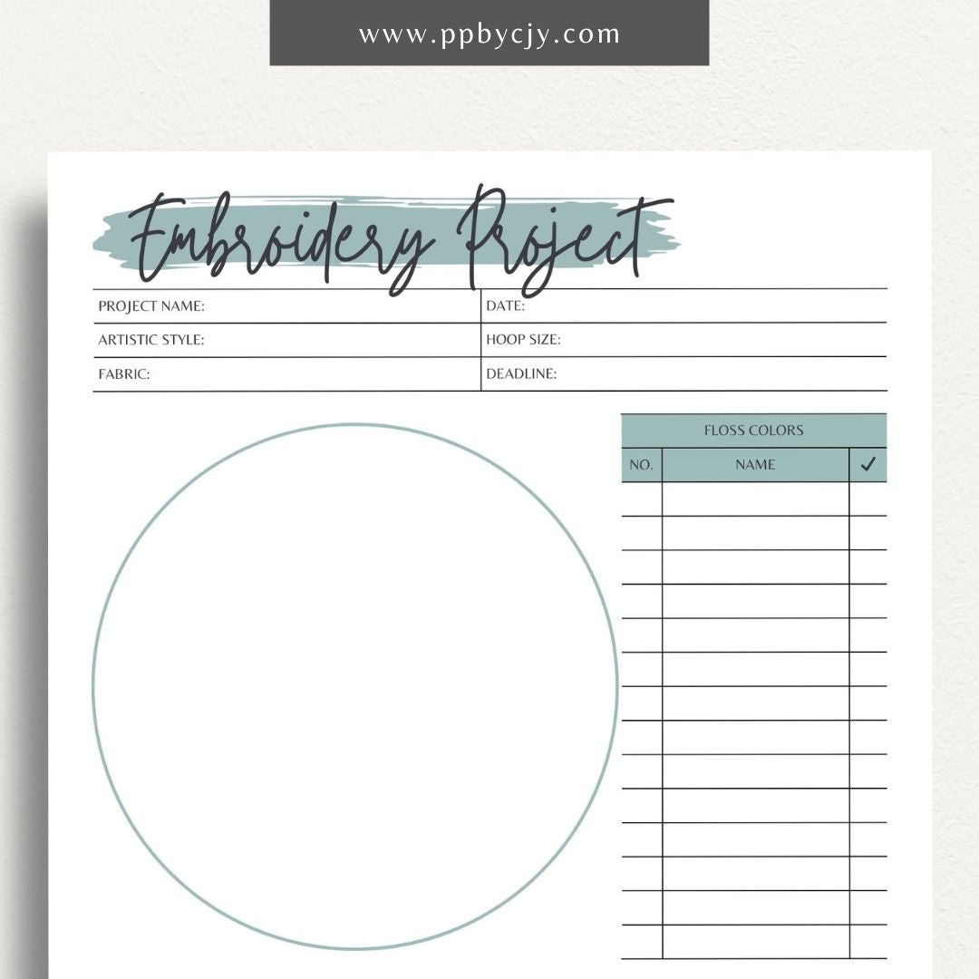 Embroidery Project Plan Printable Template – Digital download for organizing and planning embroidery projects with sections for design, materials, and progress tracking