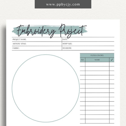 Embroidery Project Plan Printable Template – Digital download for organizing and planning embroidery projects with sections for design, materials, and progress tracking