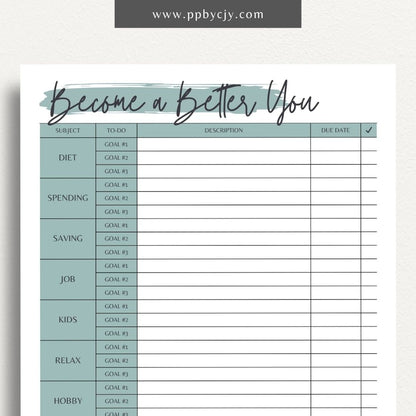 Become a Better You Worksheet Printable Template – Digital download for personal development and self-improvement tracking.